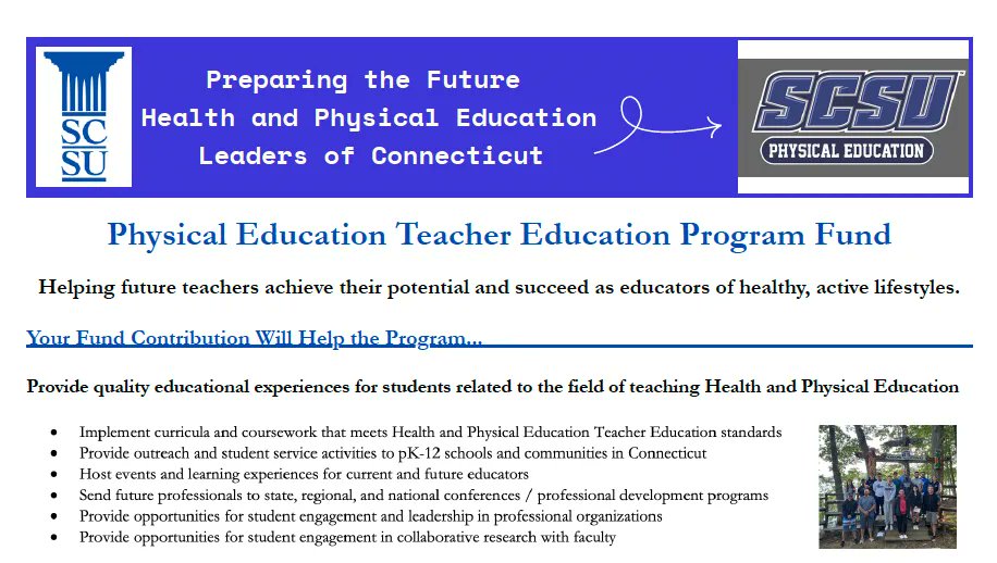 SCSUHPE's tweet photo. Calling all SCSU Alumni and Supporters
Please consider designating your donation to the Physical Education Teacher Education Fund during @SCSU's Day of Caring.
#SCSUDayofCaring #OneSouthern @SCSUHPE https://t.co/wPl6RoYTzC