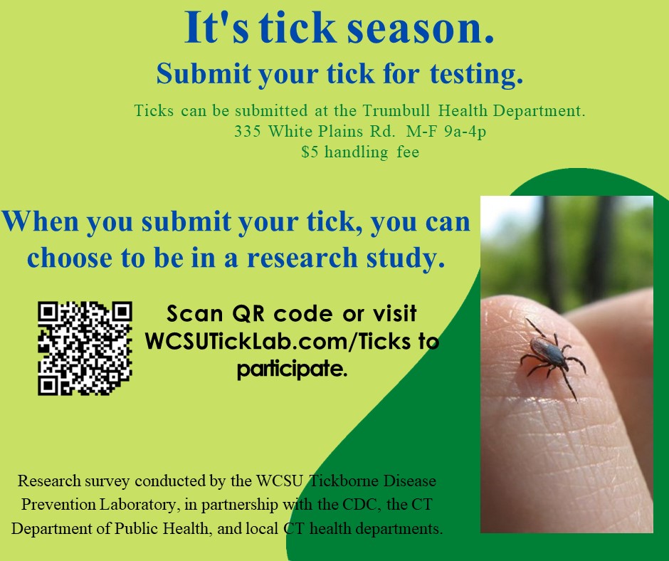 TrumbullHealth's tweet photo. The WCSU Tickborne Disease Prevention Laboratory is asking for your help.  When you bring your ticks in for testing at the THD, you can opt in to be a part of this study.  Scan the code below or go to https://t.co/5dX01UpH5n to learn more.  #trumbullhealthdepartment  #ticks https://t.co/UKN51ohKP0