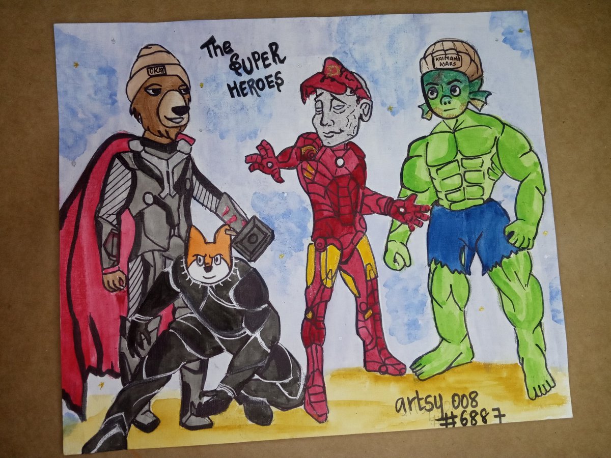 Watercolors in paper✨
.
My entry for art contest by <a href="/KaimanaNFT/">Kaimana</a> 
. 
My favourite marvel heroes as nft heroes👀
. 
Ready for battle scenario 🤟
.
<a href="/okaybears/">Okay Bears</a> as Thor
<a href="/FamousFoxFed/">Famous Fox Federation 🦊🟠</a> as Black Panther 
<a href="/DeGodsNFT/">DeGods</a> as Iron man
<a href="/KaimanaNFT/">Kaimana</a> as Hulk
. 
. 
Enjoyed making this art...!
