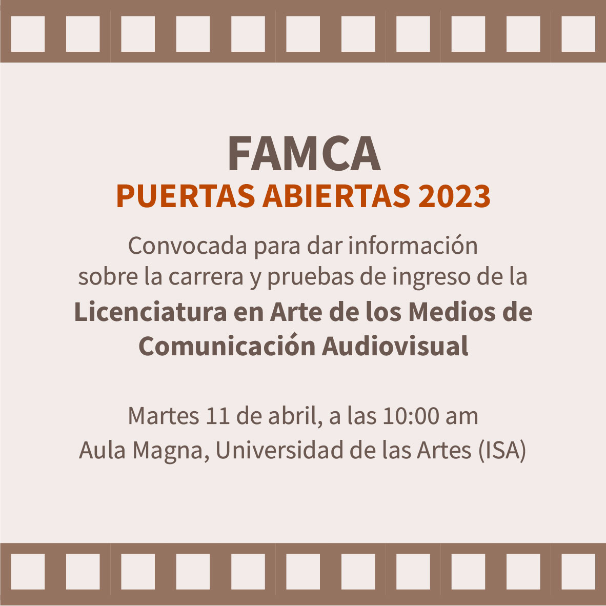 ISA_Universidad's tweet photo. 📢Atención
Estaremos publicando las fechas de las puertas abiertas de nuestras facultades🤩.
Iniciamos con #FAMCA 📽️🎬
📌11 de abril a las 10:00 a.m. en el Aula Magna del #ISA
📍 Calle 120 No. 904, e/ 9 y 23, Cubanacán, Playa.
☑ Convocatoria de ingreso👇
https://t.co/rKBJ0UlfrW https://t.co/RKyThXCOK6