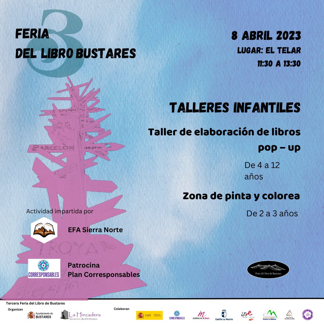 Los pequeños podrán divertirse en nuestra feria, por la mañana se realizará un taller de elaboración de libros pop-up impartido por EFA Sierra Norte y para los aún más peques habrá una zona para poder colorear.

🏔🏔🏔📖🏘📝🎵🖌🥁🎶📆

#FeriaDelLibroDeBustares #Bustares #FLB2023