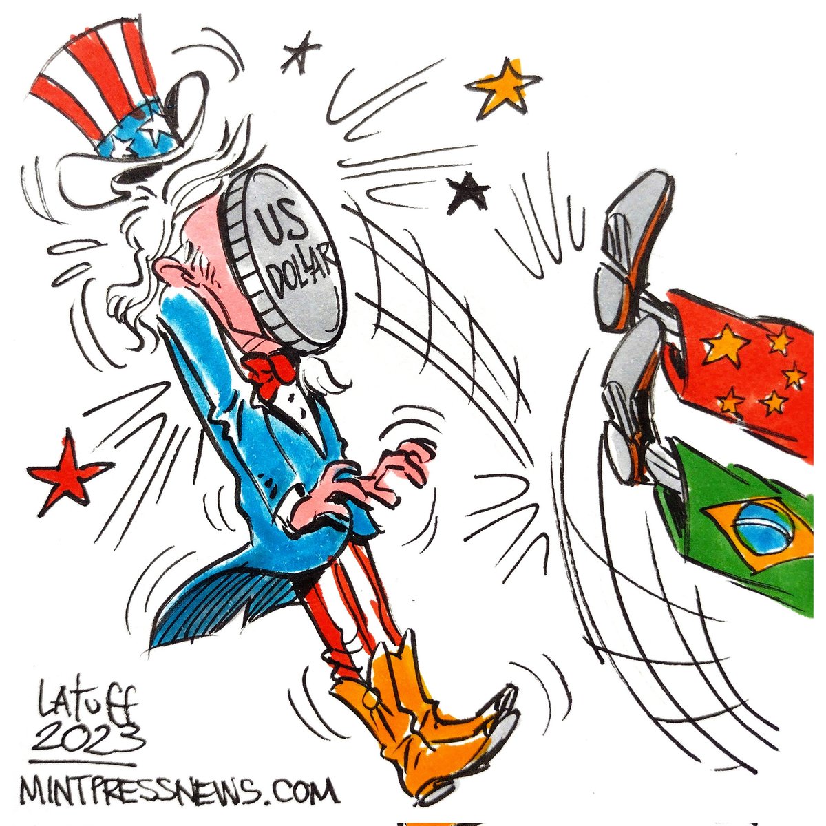 GeopolPt's tweet photo. O cartoonista @LatuffCartoons vê a crescente desdolarização do mundo desta forma. https://t.co/LiWaPpoFkc