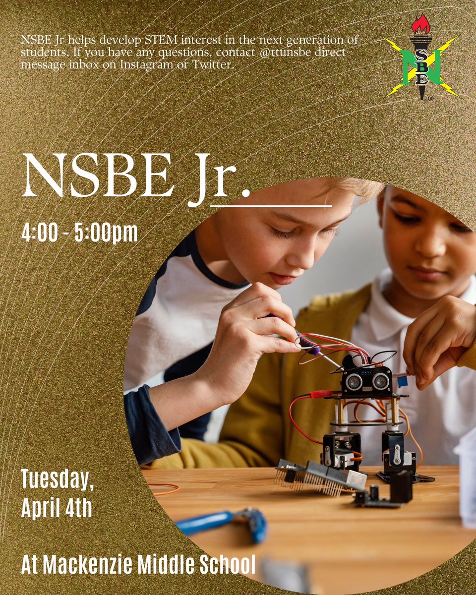 Come out to Mackenzie Middle school today for NSBE JR! This is a great opportunity to give back to the community and to have leadership experience through mentorship. 🤩

Carpool rides will be provided upon request. Hope to see you there and bring a friend!