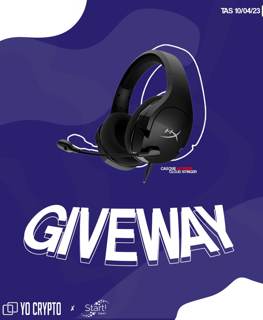 Pour marquer notre participation à la #GA2023, nous avons décidé d'organiser un 𝑮𝒊𝒗𝒆𝒘𝒂𝒚 avec <a href="/YoCrypto_shop/">Yo-Crypto.com</a> !

𝟏𝐱 Casque 𝑯𝒚𝒑𝒆𝒓𝑿 𝑪𝒍𝒐𝒖𝒅 𝑺𝒕𝒊𝒏𝒈𝒆𝒓

♻️ RT
✅ Follow @TeamStartEsport &amp; <a href="/YoCrypto_shop/">Yo-Crypto.com</a>
👥 @ un ami en commentaire

TAS - 10/04/23
Bonne chance ! 🍀