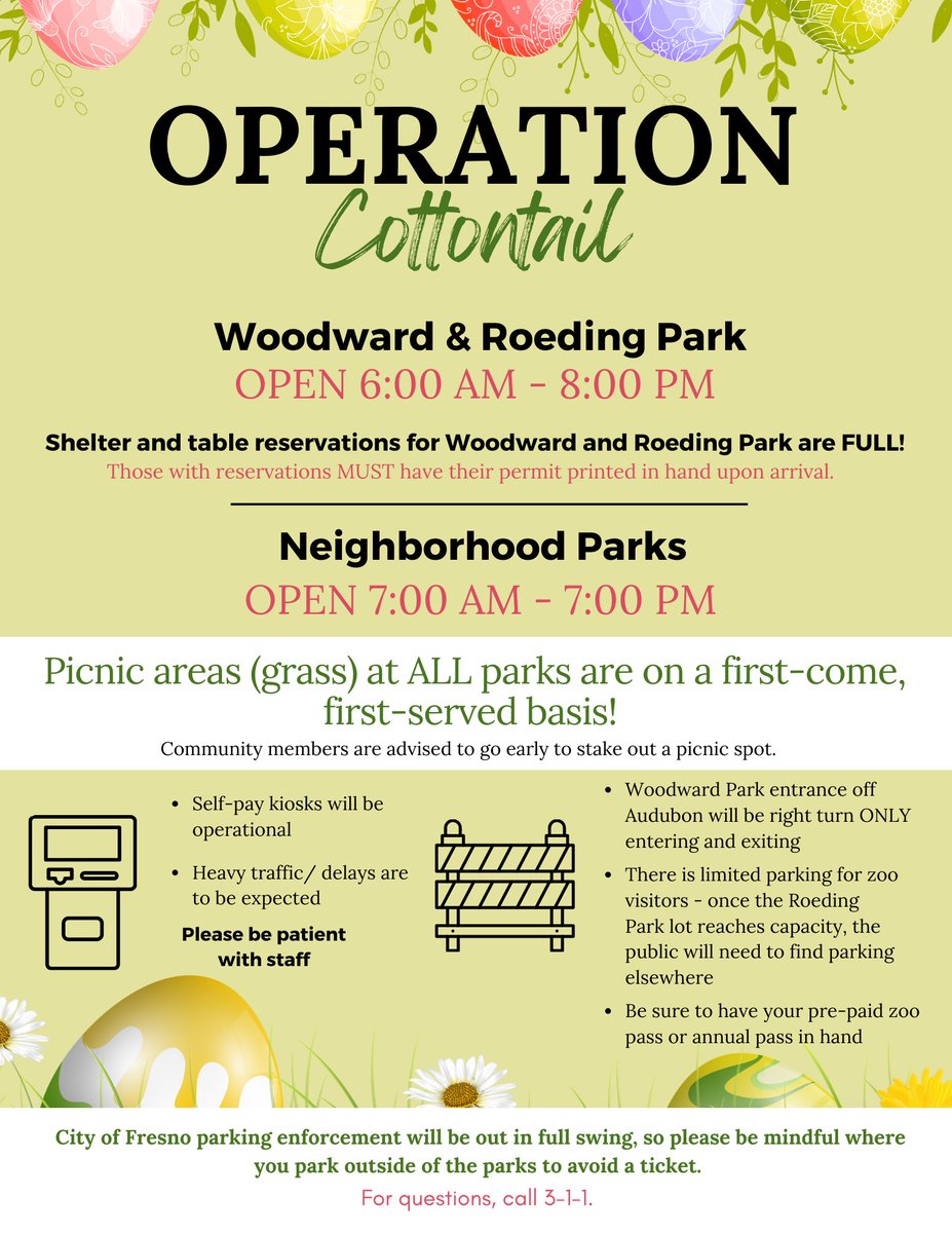 CityofFresno's tweet photo. Heading to a City of Fresno park this Sunday?🐰🪺

Note that all picnic areas (grass areas) are on a first-come, first-served basis. Shelter and table reservations for Woodward &amp; Roeding Park are FULL. For questions, please call 311. https://t.co/qjHpkzOtEL