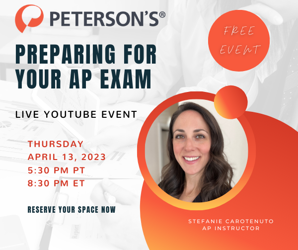 Petersons's tweet photo. Getting ready to take the AP exam? Peterson's is hosting a FREE one-hour YouTube streaming event on April 13th to help you tackle the test!  Register now https://t.co/LWGpuufPgT #apexam #apenglish #apushistory #apchemistry #apbiology #advancedplacement #highschool https://t.co/UV6s1SEfY5