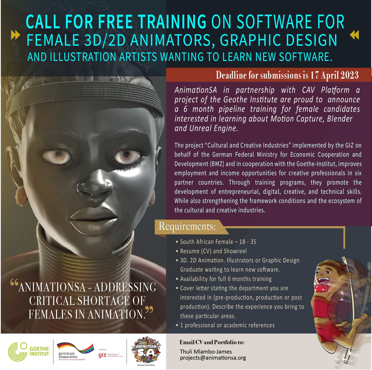 AnimationSA's tweet photo. Call for Free training on Software for female 3D/2D Animators, Graphic Designer and illustration artists wanting to learn new software. https://t.co/ACoOGOGSge