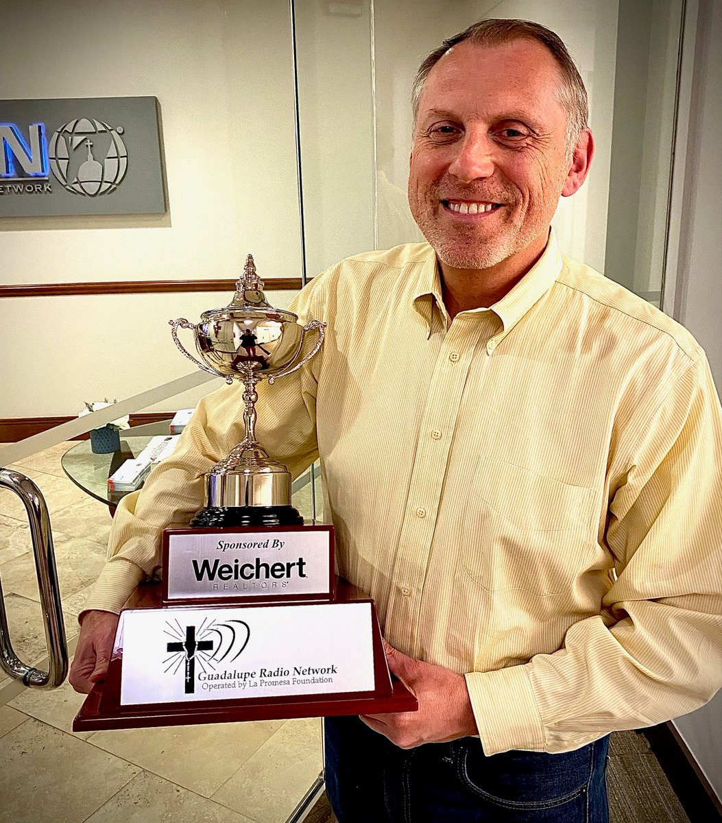1160AMWMET's tweet photo. After a month-long Guadalupe Radio Network Cup victory tour, Chris Tampio, captain of the Blessed Sacrament (Alexandria, Va.) team, returned the Topgolf FUN-raiser trophy to WMET studios. Chris is planning ahead for our 2024 event -- so as they say in radio ... stay tuned! https://t.co/7uWxyO9tOc