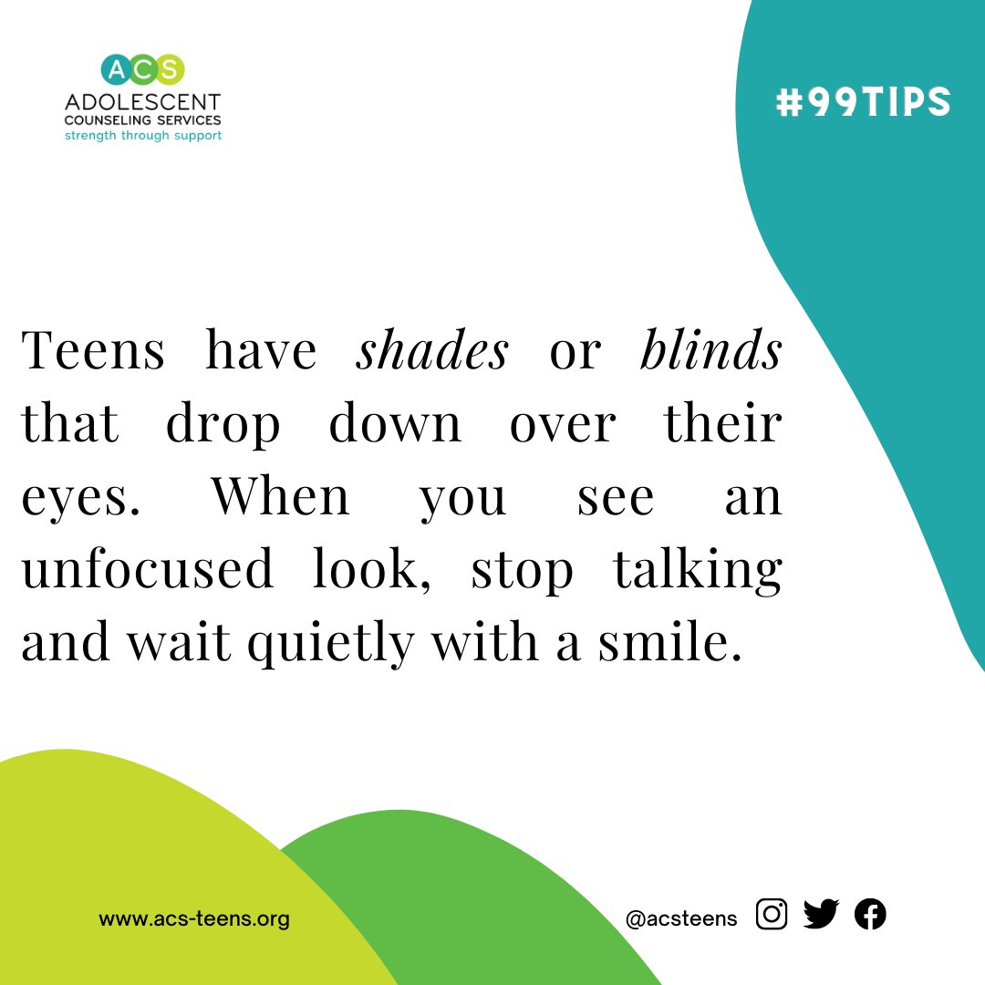 acsteens's tweet photo. #TuesdayTipsForTalkingWithYourTeenager #99tips #99consejos #acs #adolescentcounselingservices #mentalhealth #youthmentalhealth #counseling #depression #anxiety #substanceuse #oncampuscounseling #ASAT #communitycounseling #Outlet #nonprofit #breakthestigma #parenthood #adolescence https://t.co/Or2HLHHdcI