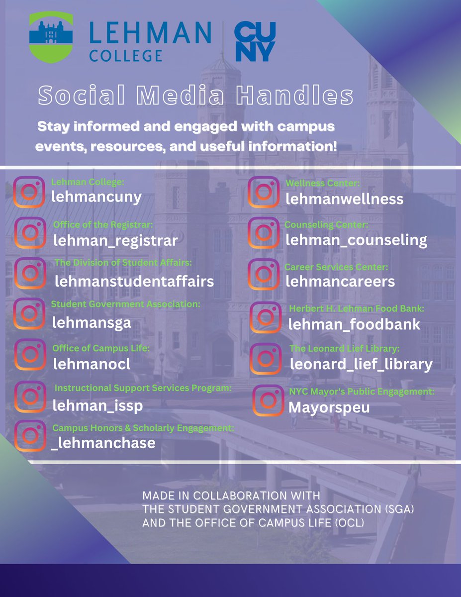 Campus Life and SGA compiled the most active and informational Instagram accounts that can benefit and engage students on campus.

Please like and follow to stay connected with the Lehman community.

Have a wonderful Spring Break!!!