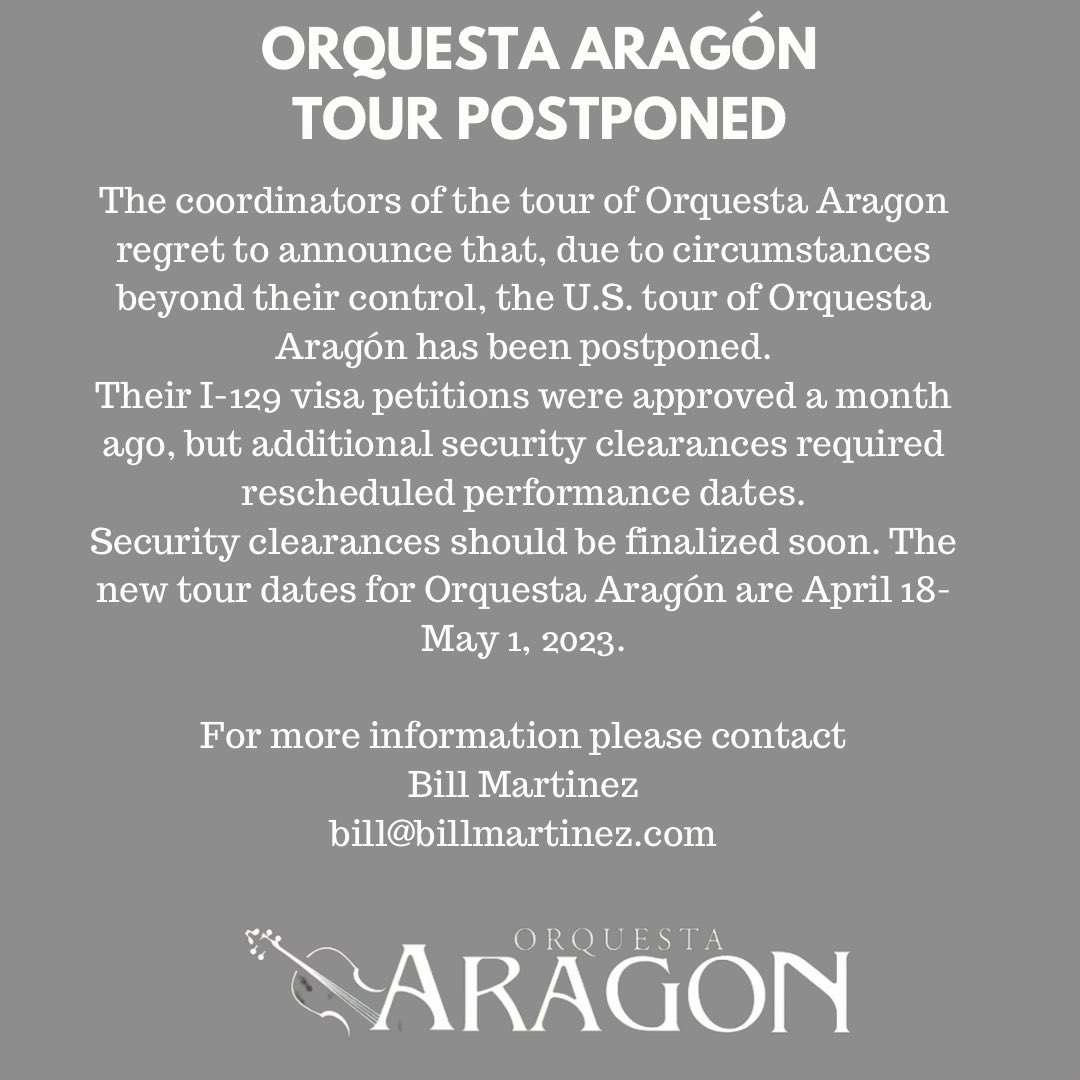 YambuPresents's tweet photo. Due to circumstances beyond our control, Aragon @ Granada in Alhambra has been postponed to Thur 04/27
Attached find tour management group letter explaining circumstances.
Existing tix are valid for new date. Thank you for your understanding.
tix &amp; info https://t.co/GWrofQLgp3 https://t.co/NOMwCCylxN
