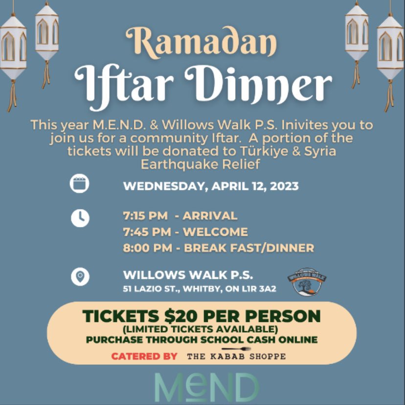 MEND (@mend_ddsb) on Twitter photo Our 2nd Iftar is taking place on Wednesday, April 12th at <a href="/WillowsWalk/">Willows Walk P.S.</a> Tickets are $20 and can be purchased on school cash online: ddsb.schoolcashonline.com/Fee/Details/13… No tickets will be sold at the door so get yours now before they sell out! Everyone is welcome 😊✨ Our 2nd Iftar is taking place on Wednesday, April 12th at <a href="/WillowsWalk/">Willows Walk P.S.</a> Tickets are $20 and can be purchased on school cash online: ddsb.schoolcashonline.com/Fee/Details/13… No tickets will be sold at the door so get yours now before they sell out! Everyone is welcome 😊✨