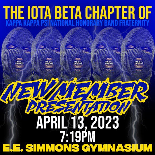 Jumiekan_Boi's tweet photo. We know you’ve been waiting🤫🔱
The Iota Beta Chapter of Kappa Kappa Psi National Honorary Band Fraternity Will Have Its Spring 2023 New Member Presentation on Thursday April 13, In The E.E. Simmons Gymnasium. Doors Open At 6 PM
General Admission-$7
SOD-$5🟣🟡🧨
ITB-$3🤟🏽🔵⚪️🟡 https://t.co/KdkhrAQk2M