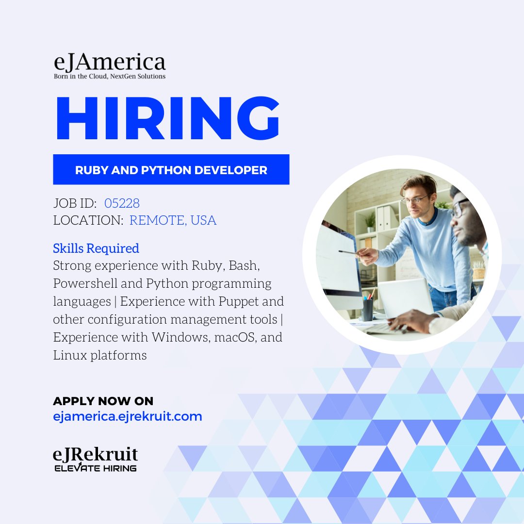 ejangar's tweet image. Apply Now - ow.ly/tem450NAeyA

Calling all Ruby and Python Developers! Join our dynamic team and unleash your coding wizardry. We&apos;re looking for talented developers who are passionate about creating exceptional software solutions. 

#rubydeveloper #pythondeveloper #ruby