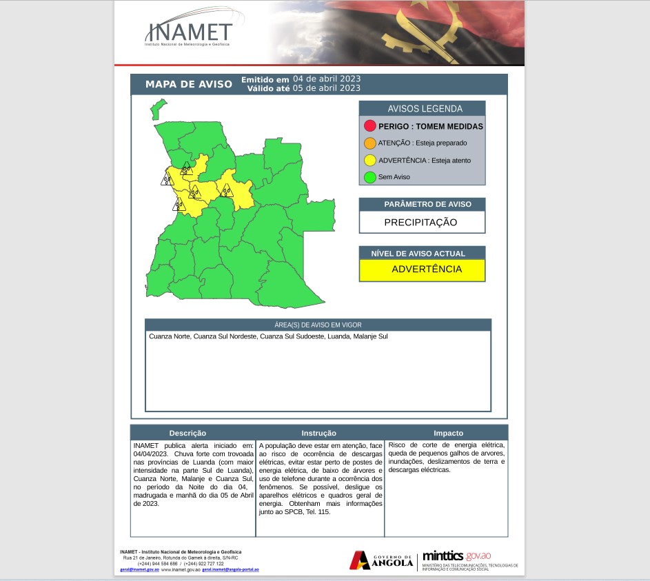 inamet_oficial's tweet image. ALERTA🚨⛈️🌩️
Alertas de chuvas intensas,acompanhadas de trovoadas nas províncias do Cuanza Norte,regiões nordeste e sudoeste da província do Cuanza Sul,província de Luanda(com maior intensidade na região sul)e na região sul da província de Malanje.
#trovoada #chuvaforte #angola