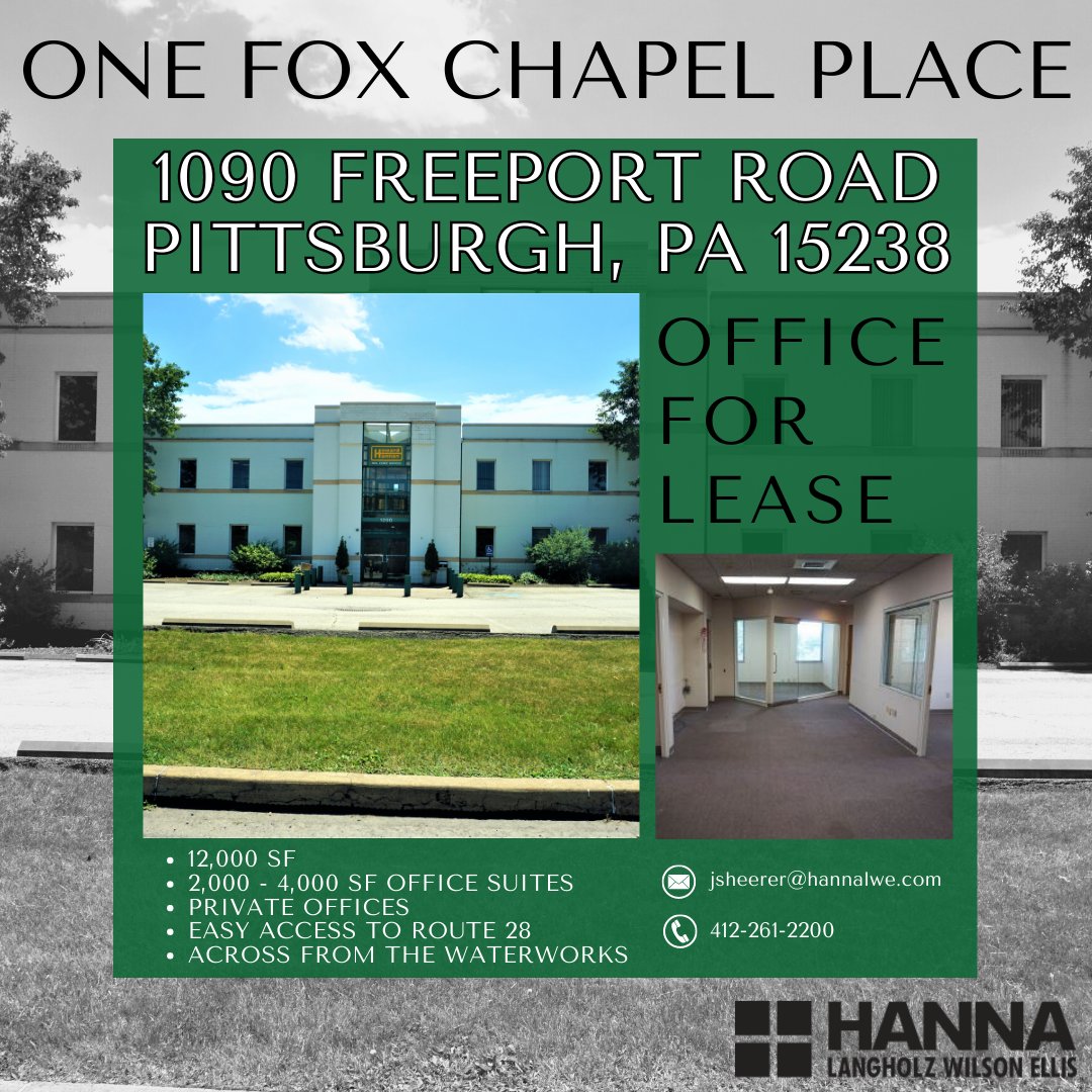 Check out our new listing for LEASE - One Fox Chapel Place in Fox Chapel. It is conveniently located right across from the Waterworks and has easy access to Route 28. Call Joe for more information!