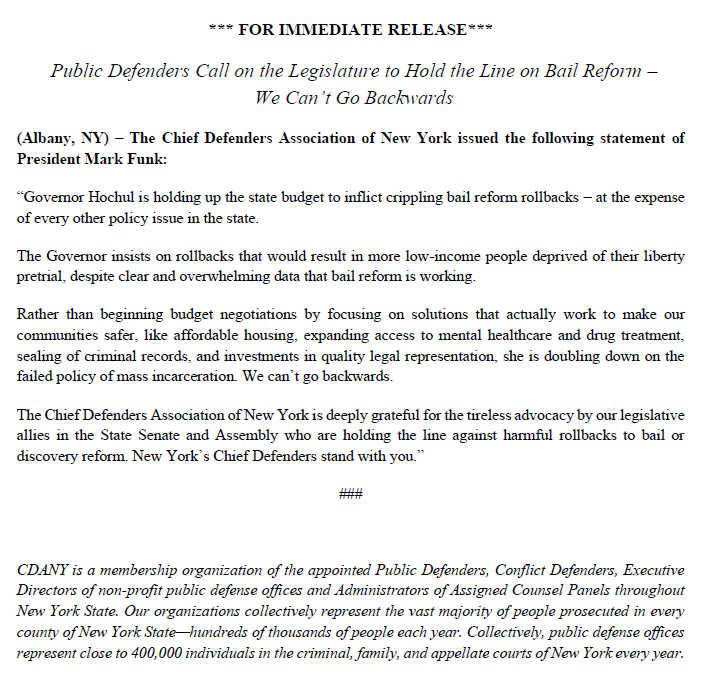 Defenders: <a href="/NYSenate/">New York State Senate</a> &amp; <a href="/NYSA_Majority/">NY Assembly Majority</a> Hold the Line on Bail Reform 

CDANY Pres Mark Funk: <a href="/GovKathyHochul/">Governor Kathy Hochul</a> insists on rollbacks that would result in more low-income people deprived of liberty pretrial, despite clear &amp; overwhelming data that #bailreform is working. 

#NYSBudget