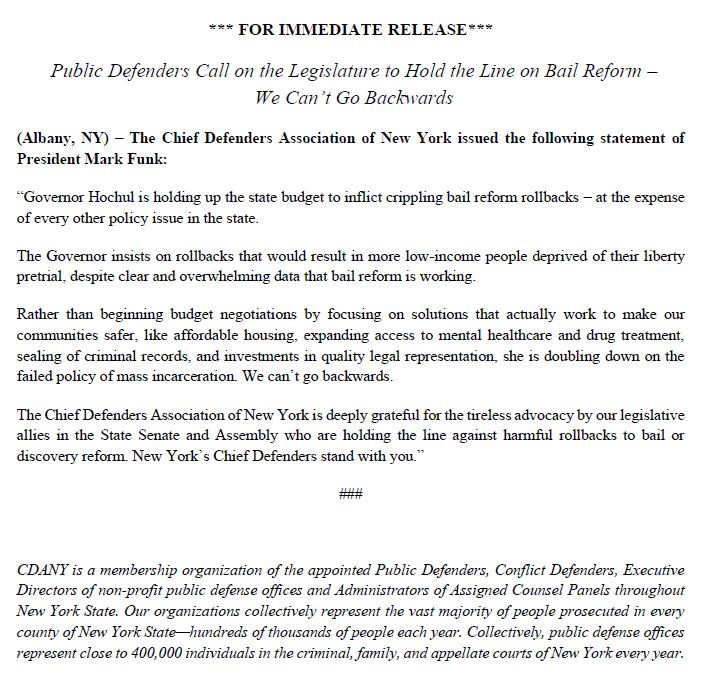 Defenders: @NYSenate & @NYSA_Majority Hold the Line on Bail Reform 

CDANY Pres Mark Funk: @GovKathyHochul insists on rollbacks that would result in more low-income people deprived of liberty pretrial, despite clear & overwhelming data that #bailreform is working. 

#NYSBudget