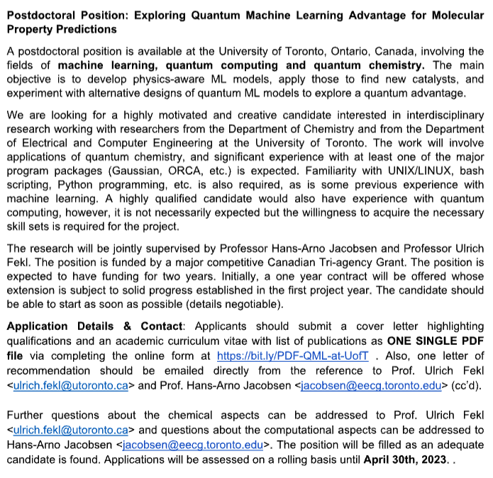 MSRG_Org's tweet photo. ⭐��� We are Now Hiring for a Postdoctoral Position! 

Exploring #Quantum #Machine #Learning Advantage for Molecular Property Predictions at @eceuoft  / @chemuoft (@UofT).

Please see attached image for more information.

Apply here ➡️ https://t.co/FwzOMOrP1F https://t.co/FywMJQFwrM