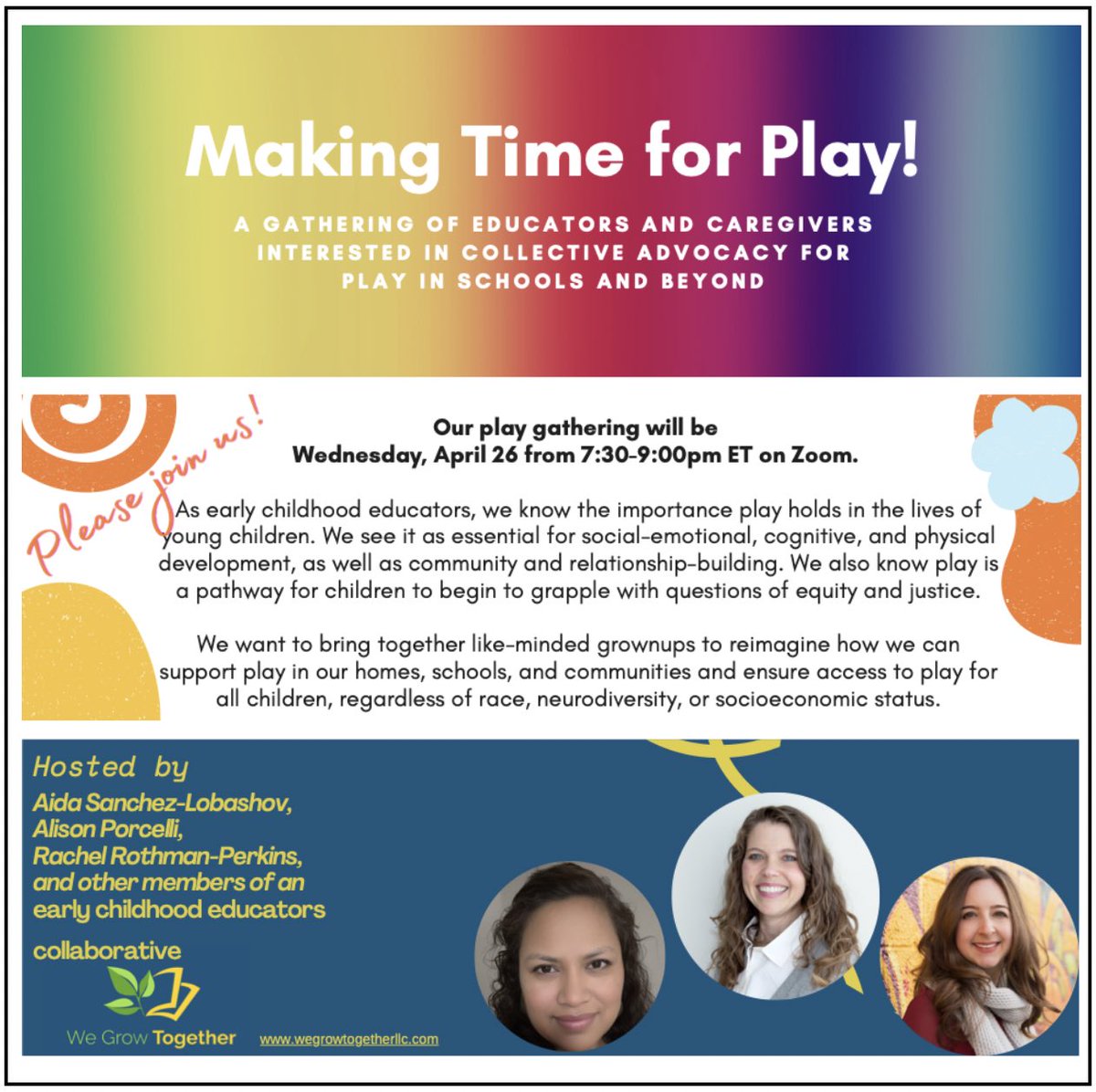 Calling all educators, caregivers, &amp; community members interested in collective advocacy for playful learning in schools &amp; beyond! We are so excited to be gathering w/ passionate colleagues around this topic. Please join &amp; spread the word! More info here: wegrowtogetherllc.com/learning