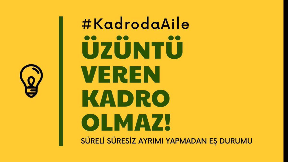 Kadro demek aile demek, aynı çatı altında birlikte mutlu olmak demek. Biz ailelerimizden uzakta olmaktan hiç mutlu değiliz gelen kadroyu süresiz şartsız eş durumu ile istiyoruz.
<a href="/tcbestepe/">T.C. Cumhurbaşkanlığı</a>
<a href="/RTErdogan/">Recep Tayyip Erdoğan</a>
<a href="/tcmeb/">Millî Eğitim Bakanlığı</a>
<a href="/prof_mahmutozer/">Mahmut Özer</a>
#KadrodaAile