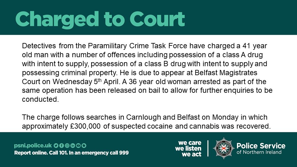 Man charged following PCTF searches in Carnlough and Belfast on Monday leading to recovery of class A and B drugs.
#OpDealBreaker