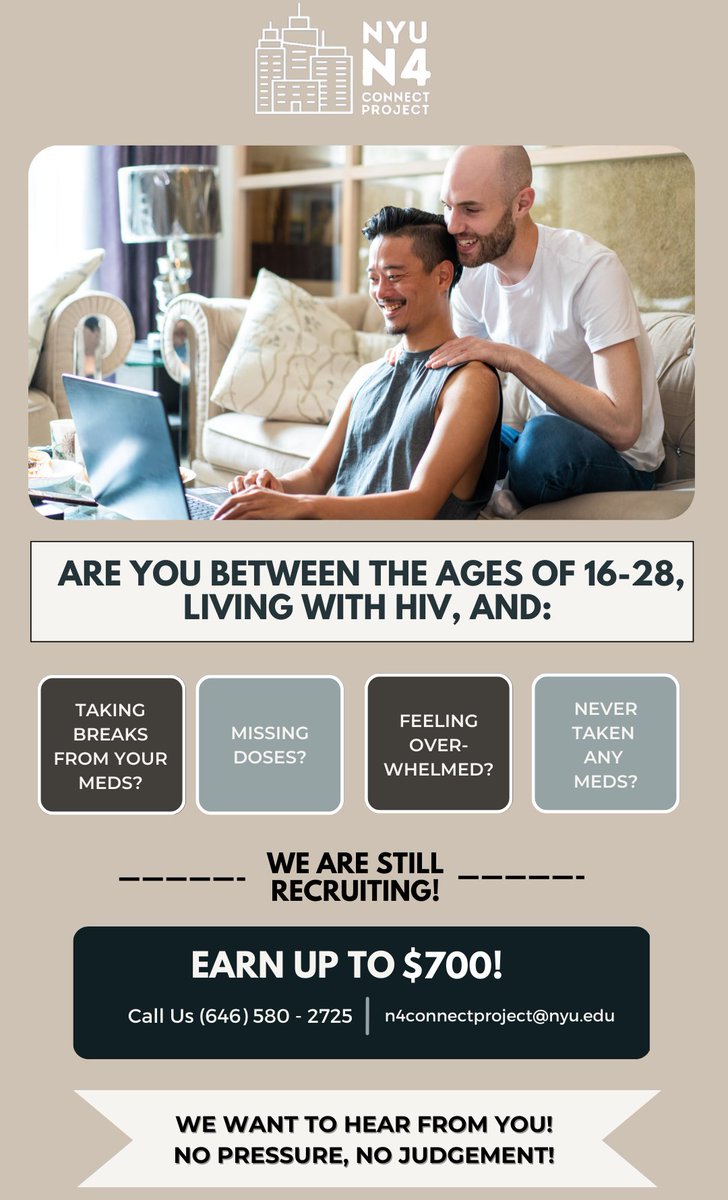 N4Connect's tweet photo. Hi everyone! Just a friendly reminder that we're still recruiting for our study- currently at 199 enrolled 🎉 For now, we're shifting our focus to those taking a break from their HIV meds so please share this flyer with your friends, peers, and anyone who might be interested 🤗 https://t.co/BQ8RmiEoW0