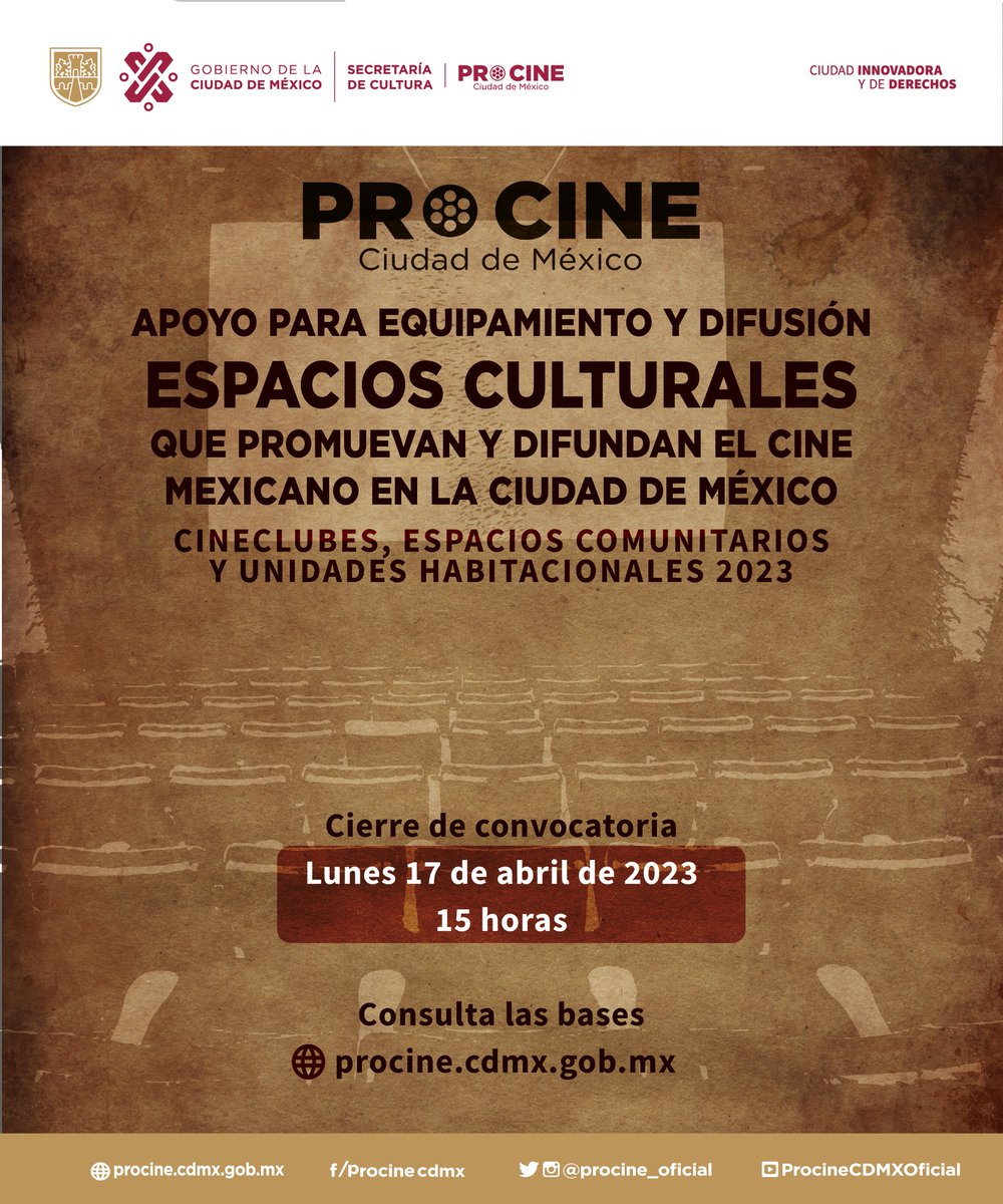 ¿Te gustaría equipar tu #cineclub para crear público, difundir la cultura cinematográfica y fortalecer los lazos en tu comunidad? 🎥

¡Esta #ConvocatoriaProcine2023 es para ti!

Tienes hasta el 📅 17 de abril a las ⏰ 15 hrs para participar.

🌐 BASES: bit.ly/3KjdRzj