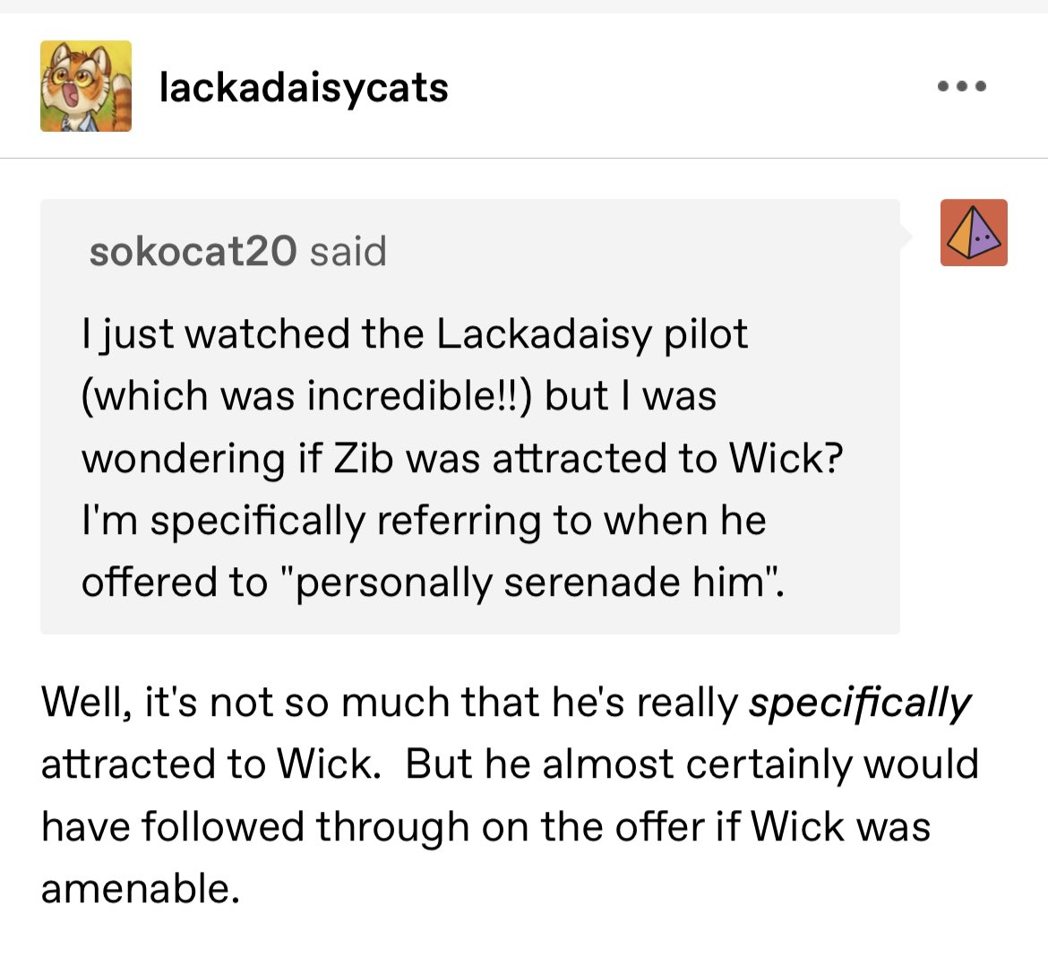 YoPlanes's tweet photo. For those who don’t know, Zib is in fact bisexual. He’s been with Mitzi, Sy (the trumpet player), and (if was a few drinks deeper) Wick. 💖💜💙
#lackadaisy #boozecats https://t.co/FbX2FGB0Gn