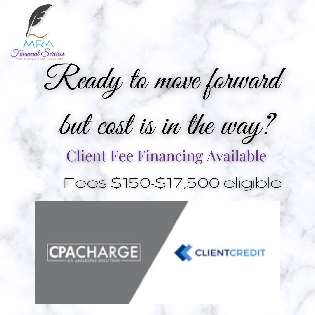mra_llc's tweet photo. Ready to get started but worried about cost??? We offer ClientCredit Financing for amounts of $150-$17,500. Whether finally getting your bookkeeping together, paying for a tax return, or starting that business we got you! #MRAFinSvcsATL #ClientCredit #CPACharge https://t.co/zNhBi8uYHq