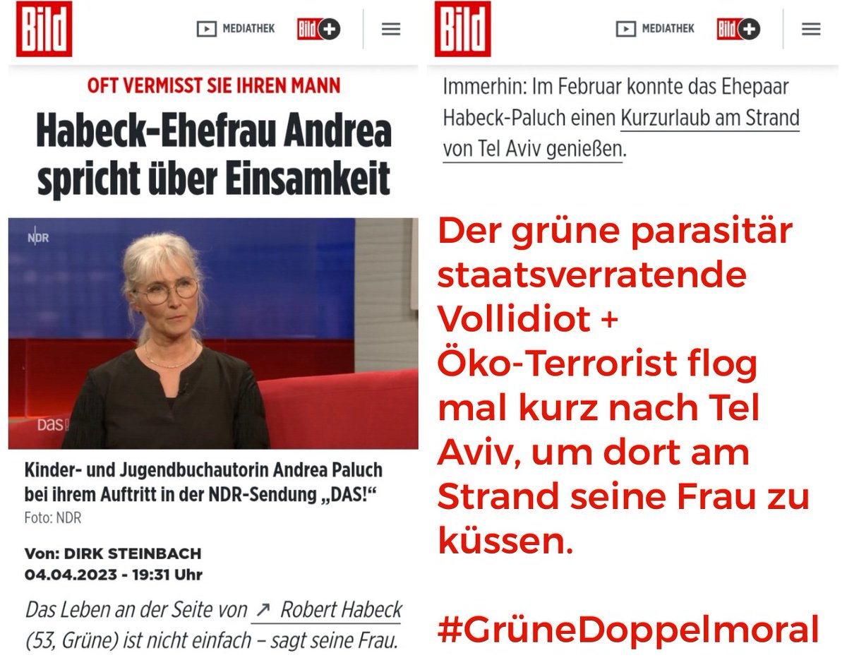 Der #grüne parasitär staatsverratende #Vollidiot + #Öko-#Terrorist flog mal kurz nach Tel Aviv, um dort am Strand seine Frau zu küssen.

#GrüneDoppelmoral #Habeck