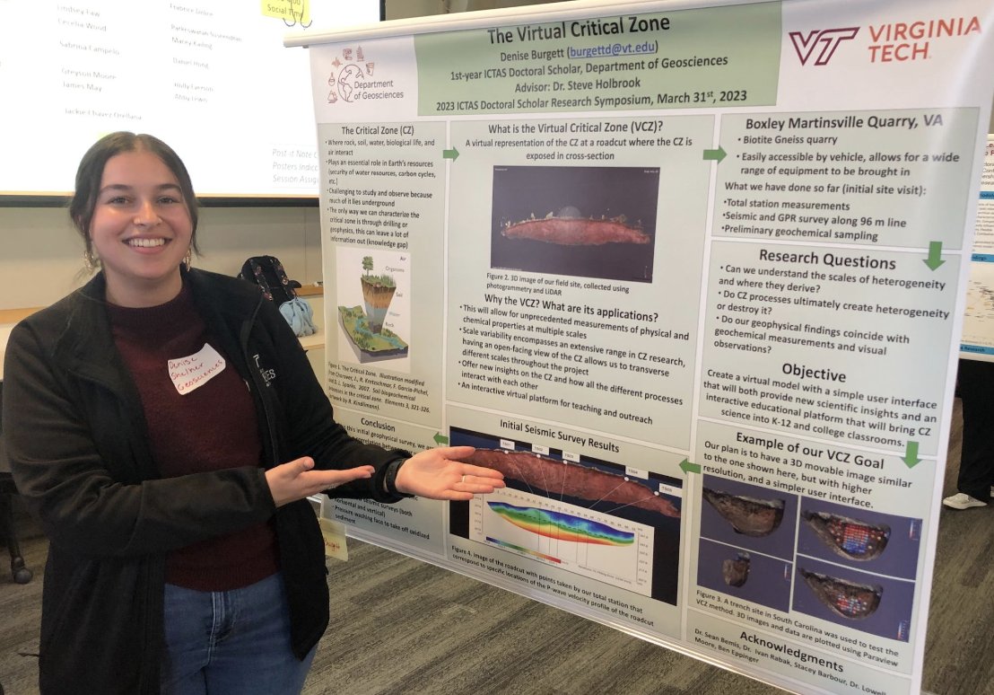 BedrockZone's tweet photo. Congratulations to #TeamBedrock PhD student Denise Burgett on her poster presentation at the @ICTASVT 2023 Doctoral Scholar Research Symposium! She presented her work on the Virtual #CriticalZone - well done Denise! https://t.co/z51hMSeRvH