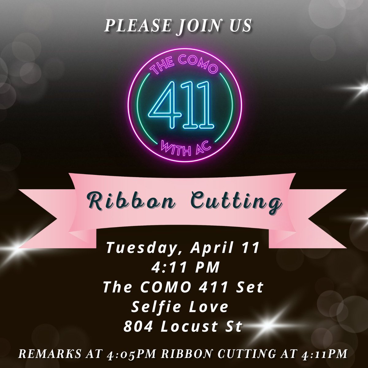 The time is almost here! Please join us for our Ribbon Cutting on Tuesday, April 11th at <a href="/selfielovecomo/">Selfie Love</a>. Remarks will begin at 4:05 and the Ribbon Cutting to follow will happen at 4:11pm of course 😉 Don't meet us there, BEAT us there! ✂️