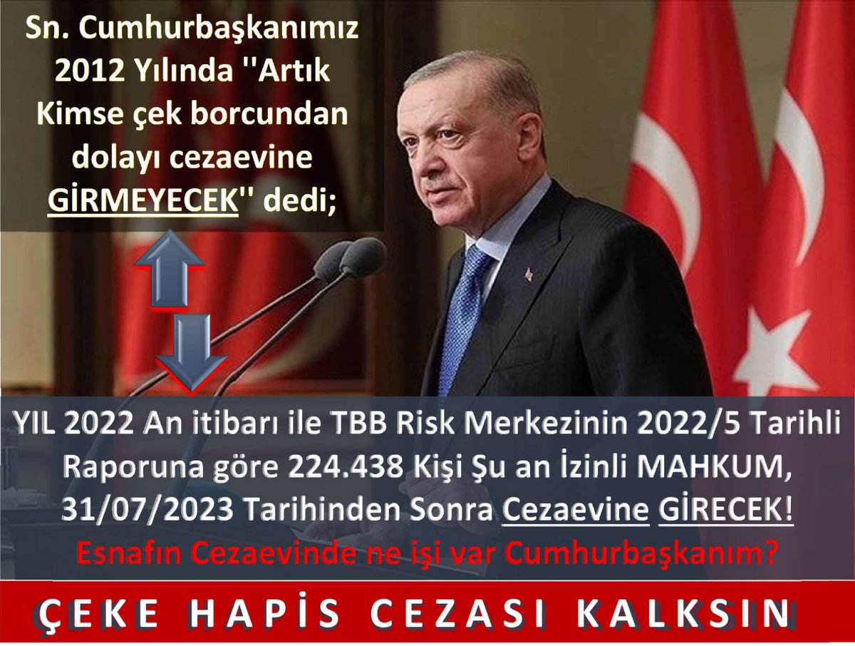 Anayasamızın 38.maddesi
"Hiç kimse yalnızca sözleşmeden doğan bir yükümlülüğü yerine getirmediği için özgürlüğünden alıkonulamaz"

ÇEK KANUNU
Anayasamıza AYKIRIDIR

#CEKEHAPİSCEZASIKALKSIN <a href="/RTErdogan/">Recep Tayyip Erdoğan</a> <a href="/meral_aksener/">Meral Akşener</a> 

<a href="/mehmedmus/">Dr. Mehmet Muş</a> <a href="/bybekirbozdag/">Bekir  Bozdağ</a> <a href="/Akif_Hamzacebi/">M. Akif Hamzaçebi</a>  <a href="/yilmaztunc/">Yılmaz TUNÇ</a>