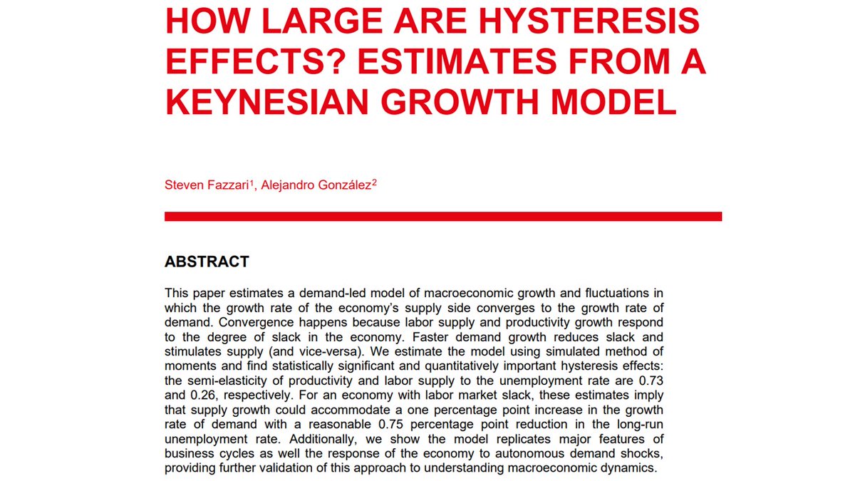 🚨 New Working Paper Alert 🚨

Can higher demand growth stimulate productivity growth and labor supply growth? If so, by how much? 
In this new paper co-authored with <a href="/FazzariSteven/">Steven Fazzari</a>, we show that the answer is 'Yes, a lot'. 

Link and short thread below!