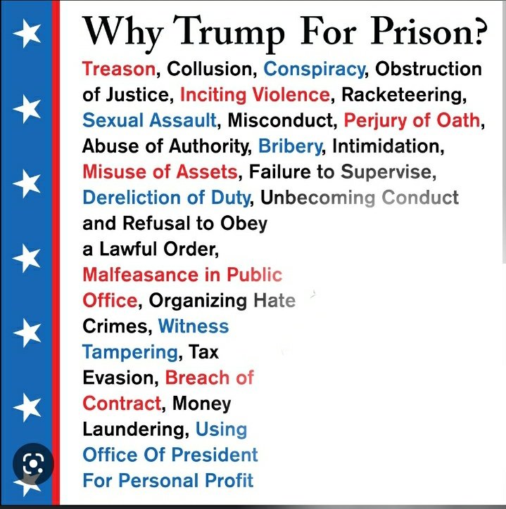 Ashia86's tweet photo. This is just a short list of wrong doings just remind who traitorous Trump is.
#TrumpArraignment #IndictmentDay #TrumpArrest #gotojail #clinkclink #yeahisaidit #Politics #finally #heisnotspecial #politicalcomedy #Criminal #welcometoNY #itsabouttime #wrapsheet #heyheygoodbye https://t.co/7qgYitq8CZ