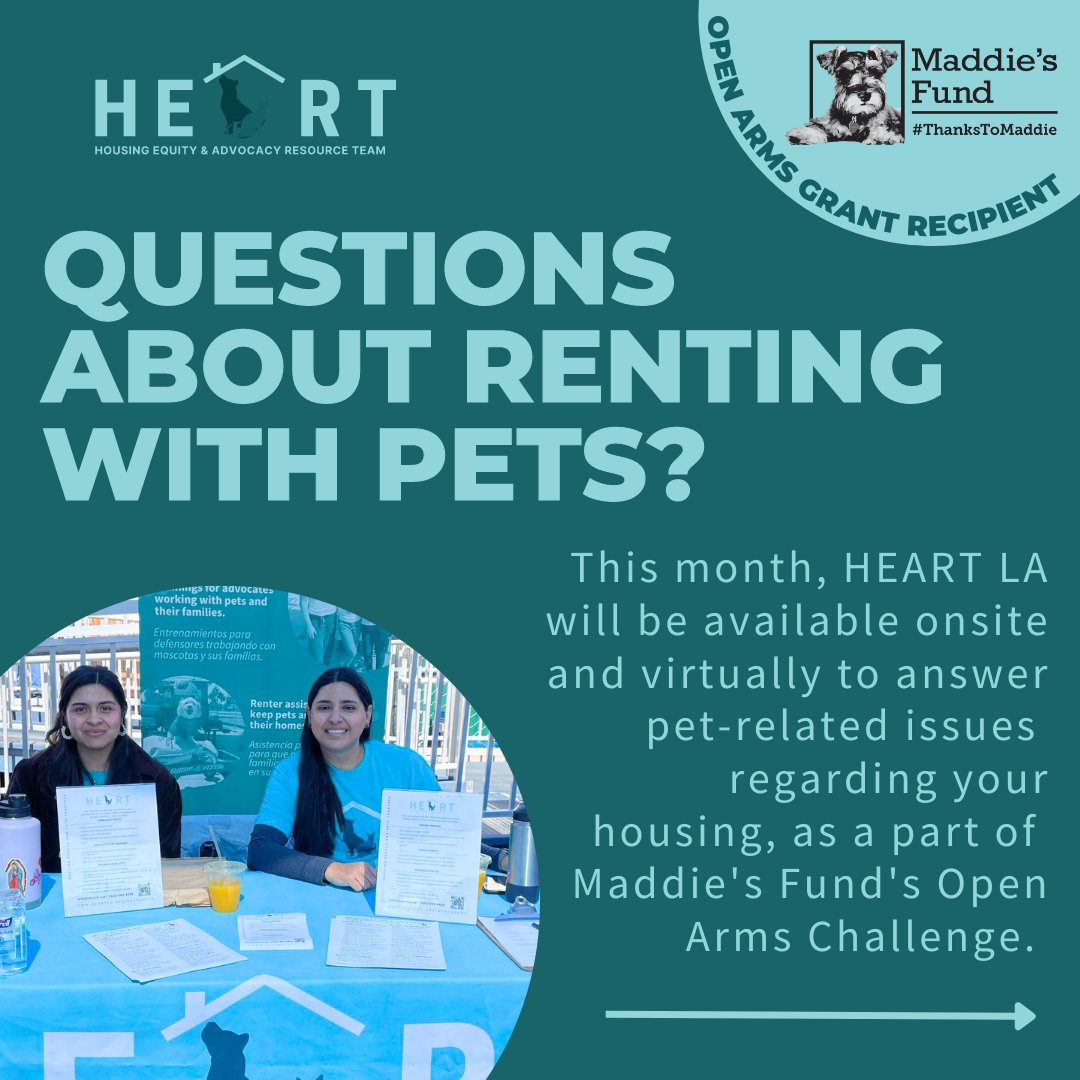 heartl0sangeles's tweet photo. HEART LA is so proud to be a recipient of the @MaddiesFund Open Arms Grant!
For our #OpenArmsChallenge, weโll be available onsite and virtually throughout April to answer questions about pet-related housing issues. #ThanksToMaddie https://t.co/hbmNNyBdZh