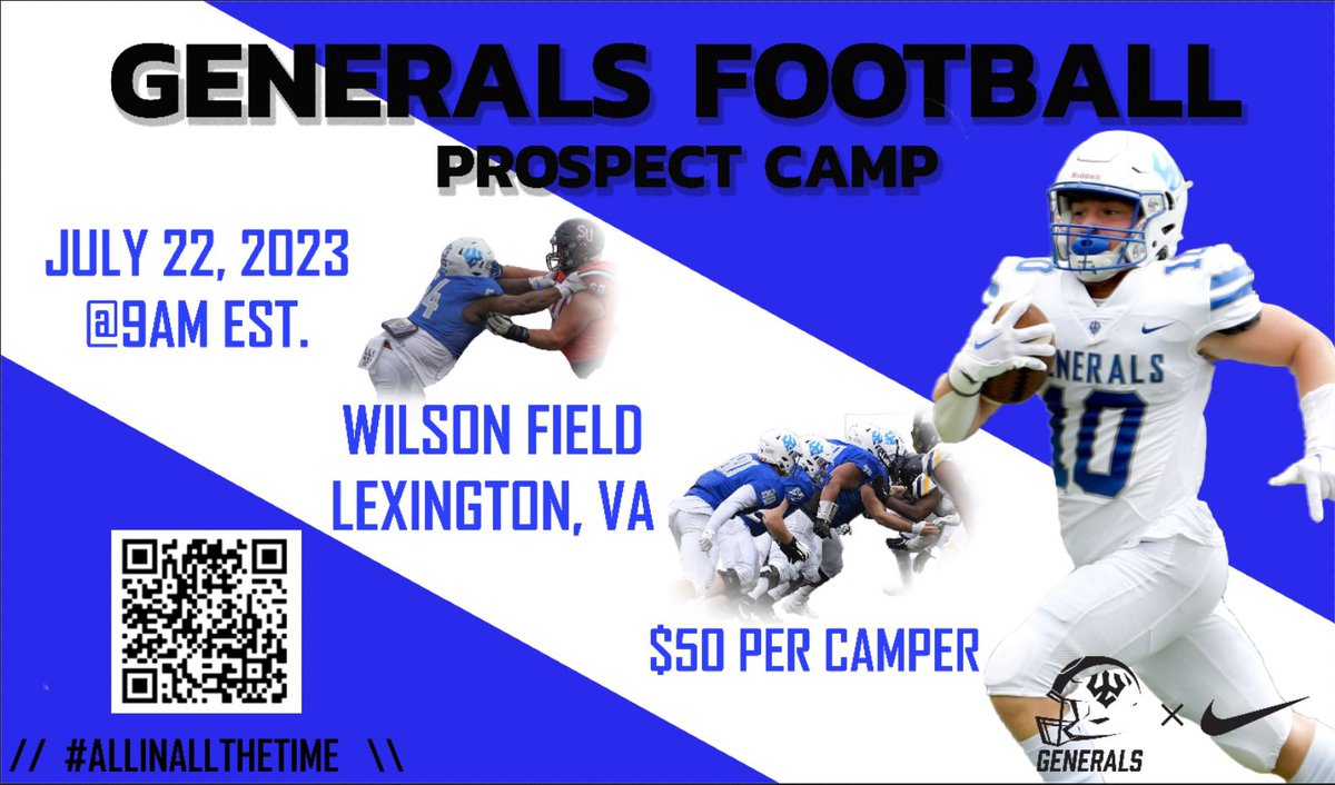 Mark your calendars and pack your cleats! 
We’re hosting a prospect camp July 22nd 9am EST!  Sign up with the QR code or link below:
managementtools3.wlu.edu/WLUForms/Defau…

#AllInAllTheTime