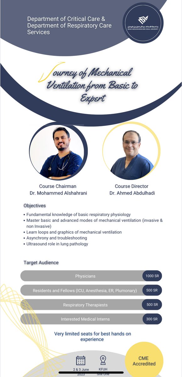 Journey of Mechanical ventilation course , 
Lectures by experts on the field 
Hands on experience 
Join us
Limited seats