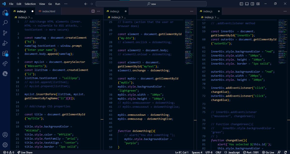 rachaelcodesss's tweet photo. Day 23 of #100DaysOfCode in JavaScript completed!
Today, I practiced adding and changing of HTML elements and CSS properties, I learnt about Events (onmouseover, onload, onmouseup, etc).
I also mastered the addEventListener method.

Excited to keep learning and building!✨✨ https://t.co/naqB6DvUWj