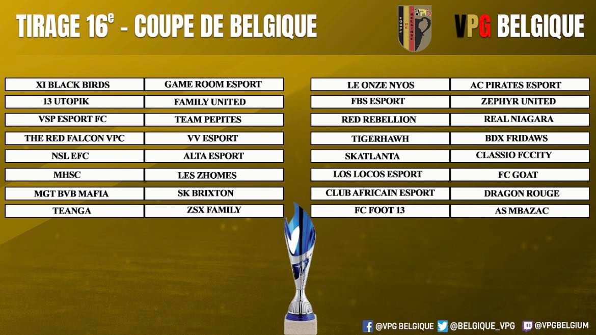 Voici le tirage au sort de nos 16ème de finale de notre coupe de Belgique 🇧🇪 pour nos équipes PS4 et PS5