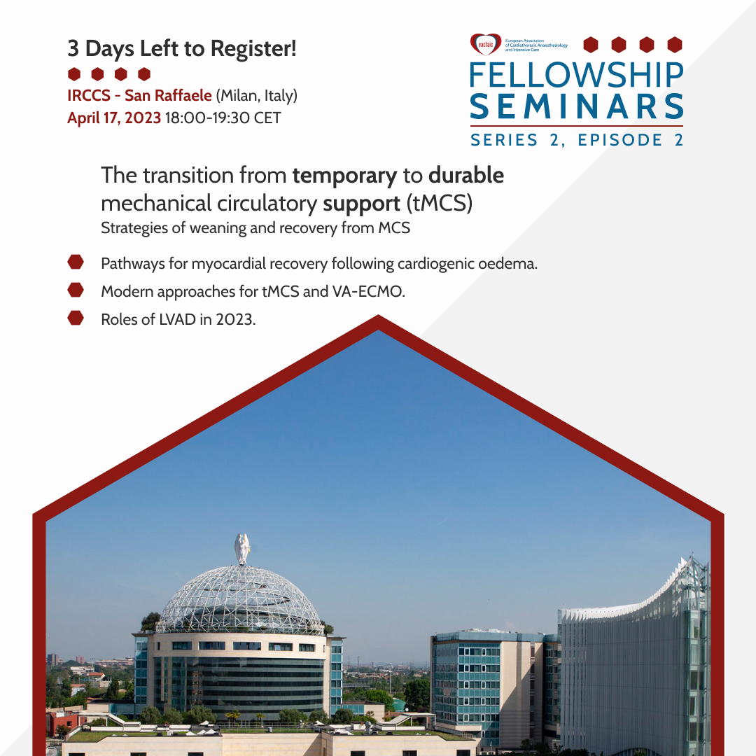 EACTAIC's tweet photo. 📣 3 DAYS TO GO!
Curious to know what awaits you during the upcoming FREE #EACTAIC Seminar in “The transition from temporary to durable mechanical circulatory support (tMCS)” ?
Get more here https://t.co/PZZVOuFj73 to secure your place before the deadline! #MCS #tMCS https://t.co/TJSMyHpFzO