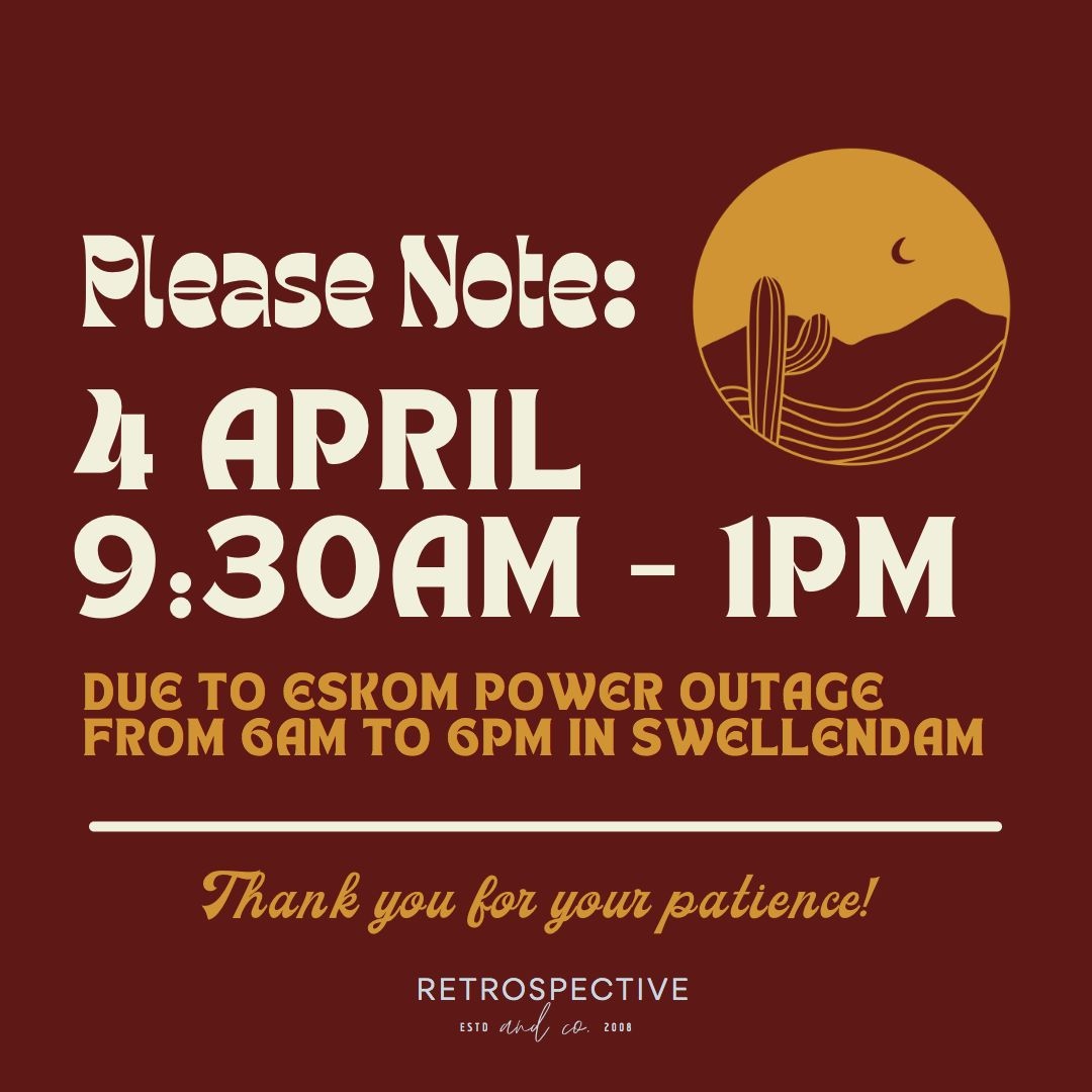 RetrospectiveCo's tweet photo. Hello lovely customers! Giving you a heads up about our store hours for WED, 4 APRIL. Due to scheduled Eskom maintenance in our area, our physical store will be open from 9:30am to 1pm. But you can still shop till your heart's content at https://t.co/cquP3D9ZGZ! https://t.co/QntiBLlJNe