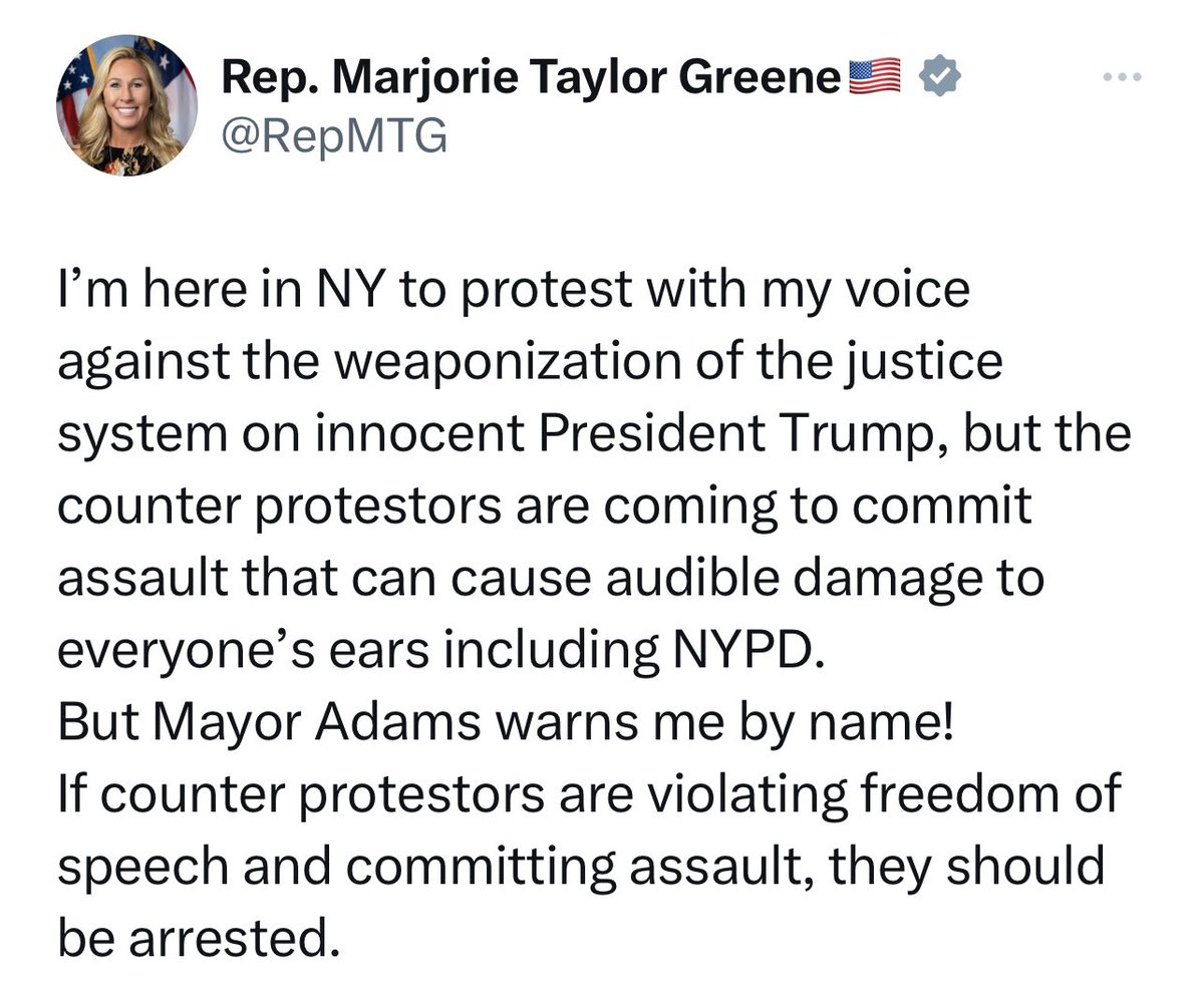 MeidasTouch's tweet photo. “Assault that can cause audible damage to everyone’s ears…”

Noise. She is afraid of noise. And she is calling it assault.

Marge, I don’t think you’re cut out for New York City. https://t.co/iZ4GlJAf5F