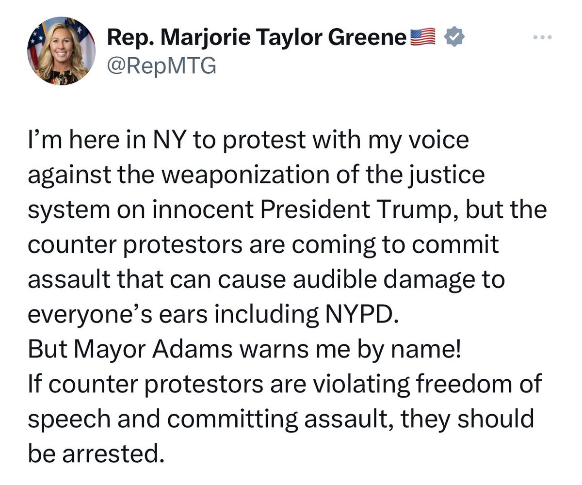 “Assault that can cause audible damage to everyone’s ears…” Noise. She is afraid of noise. And she is calling it assault. Marge, I don’t think you’re cut out for New York City.