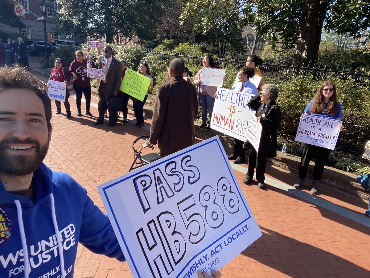 MatanZeimer's tweet photo. .@JUFJ is in Annapolis again this morning with @CASAforall and other partners to tell @SenBillFerg and @MDSenate everyone needs #Access2Care, regardless of immigration status. Marylanders can’t wait for HB588!! #MDGA23 #MDpolitics https://t.co/RB4Yl7OSL0