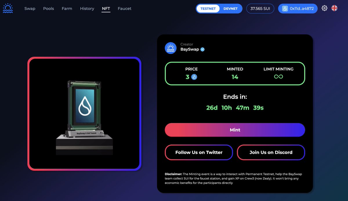 bayswap's tweet image. 🔥 BaySwap NFT Free Minting is Live 🔥

As one of the first DEXs to launch on Permanent Testnet, we are hosting an NFT mint of BaySwap X SUI Testnet. 

Take your chance to grab it!

Claim NFT here: app.bayswap.io/nft

#Suinami  #suitestnet  #Retroactive #airdrop