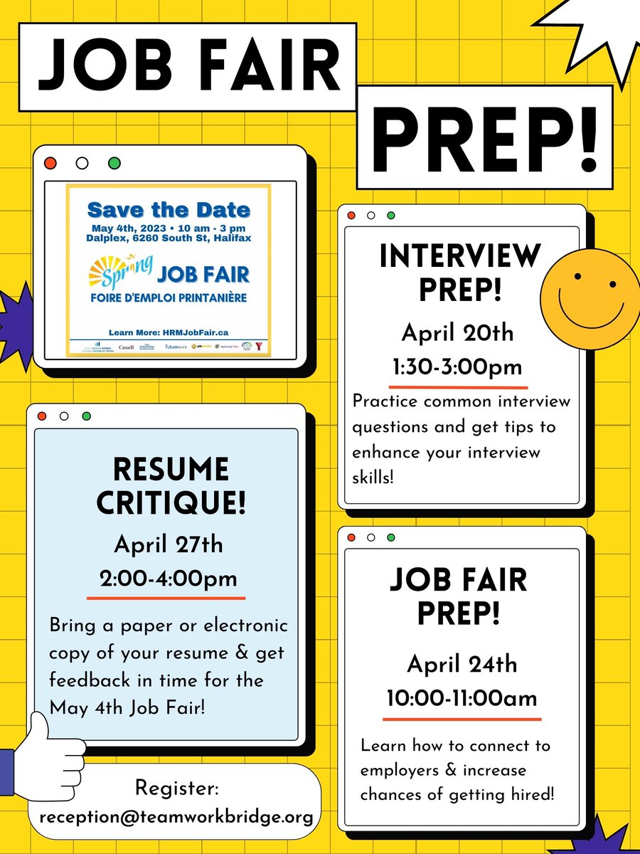 TEAMWork1997's tweet image. To prepare for the upcoming May 4th Spring Job Fair, we're offering three Job Fair Prep workshops to help you get the most out of the big day on May 4th.

Interview Prep, Job Fair Prep and Resume Critique! 

Email reception@teamworkbridge.org to register. 

#SpringJobFair