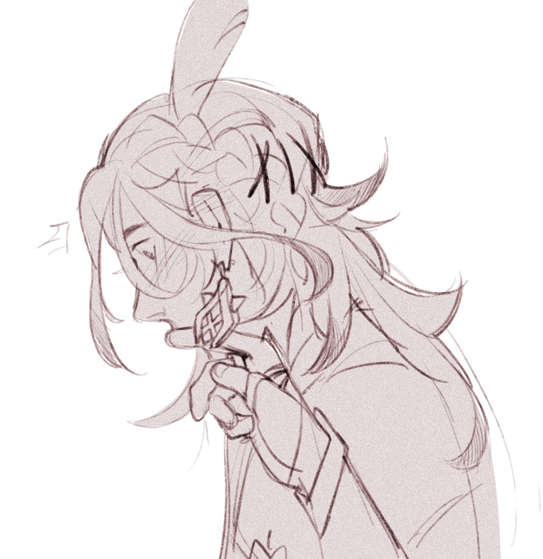 a drawing of Kaveh flinching and blushing as Alhaitham’s hand gently touches his earring