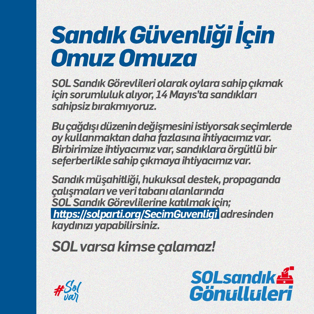 sandikgonullusu's tweet photo. 📢SOL VARSA Kimse Çalamaz

Bu çağdışı düzenin değişmesini istiyorsak seçimlerde oy kullanmaktan daha fazlasına ihtiyacımız var. Bu kez atı alana Üsküdar’ı geçirtmemek bizim elimizde.

Sen de sandık güvenliği gönüllüsü ol👇
https://t.co/sM3NK2SW7a https://t.co/6jgRCLo3u8